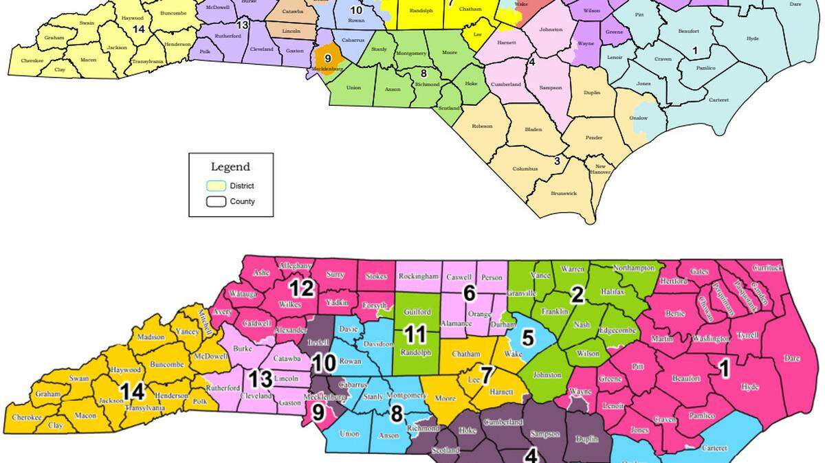 On top, the 2021 congressional map approved by N.C. Republican lawmakers that is being challenged in court as unconstitutional gerrymandering. Below, the computer-generated map proposed as a replacement by the plaintiffs.