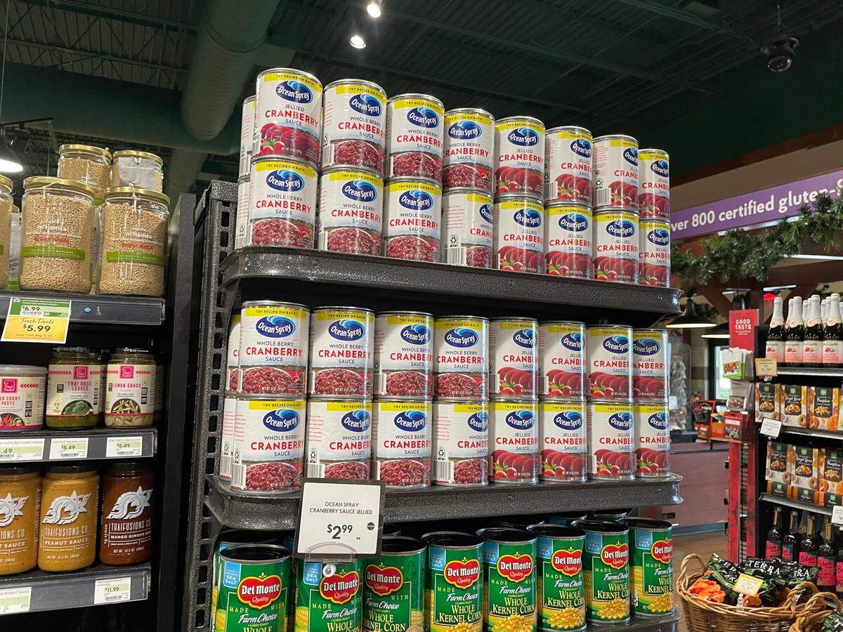 A display of cranberry sauce at Fresh Market grocery store in Raleigh the week before Thanksgiving, Nov. 16, 2022.