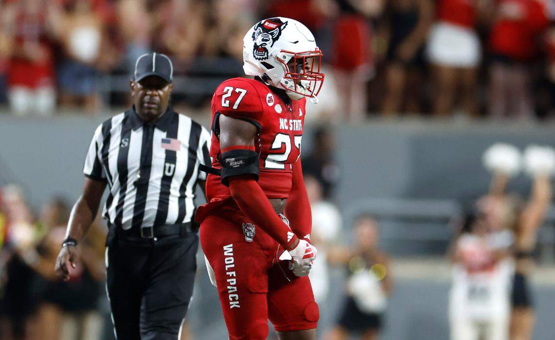 N.C. State linebacker Jayland Parker (27) celebrates a stop during the first half of N.C. State’s game against Western Carolina at Carter-Finley Stadium in Raleigh, N.C., Thursday, August 29, 2024.