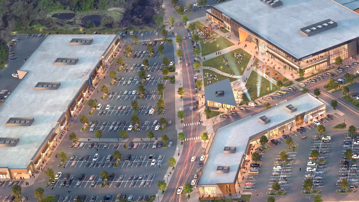 A rendering of the redevelopment of Northgate Mall in Durham shared May 29, 2024, shows the renovated row of shops containing Planet Fitness at left; a new retail building at bottom; and the renovated mall for labs and offices at right. 