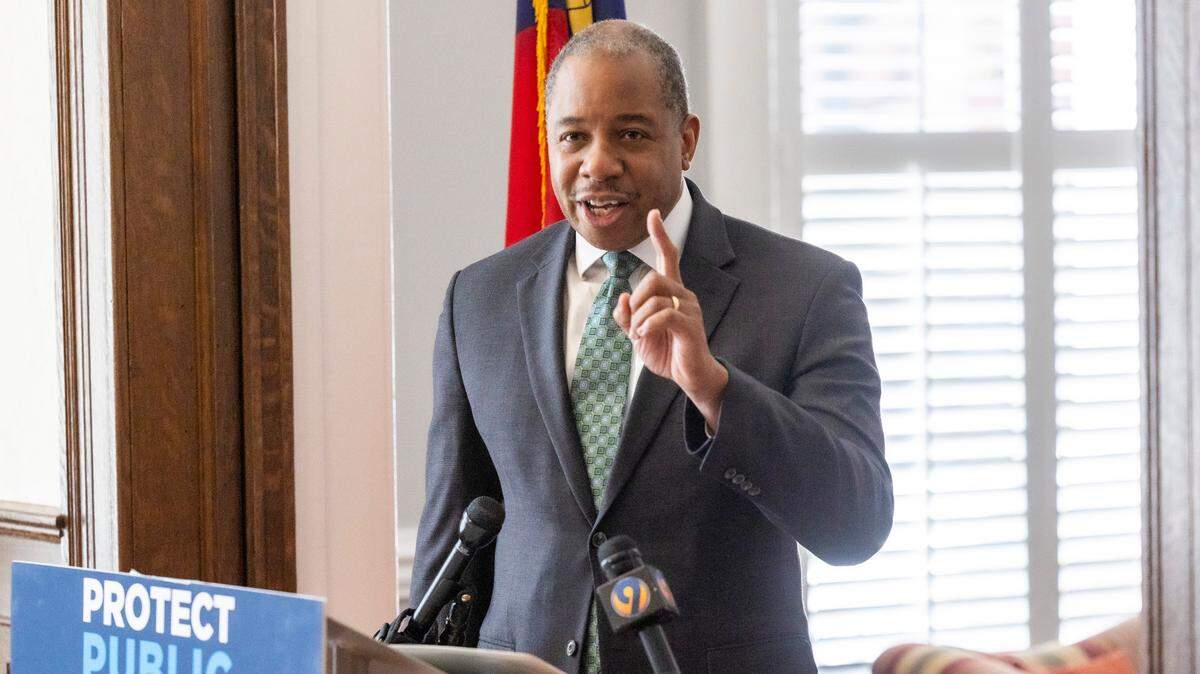 Mo Green, the Democratic nominee for state superintendent, speaks during a press conference at the Democratic Party’s state headquarters in Raleigh on Thursday, March 21, 2024.