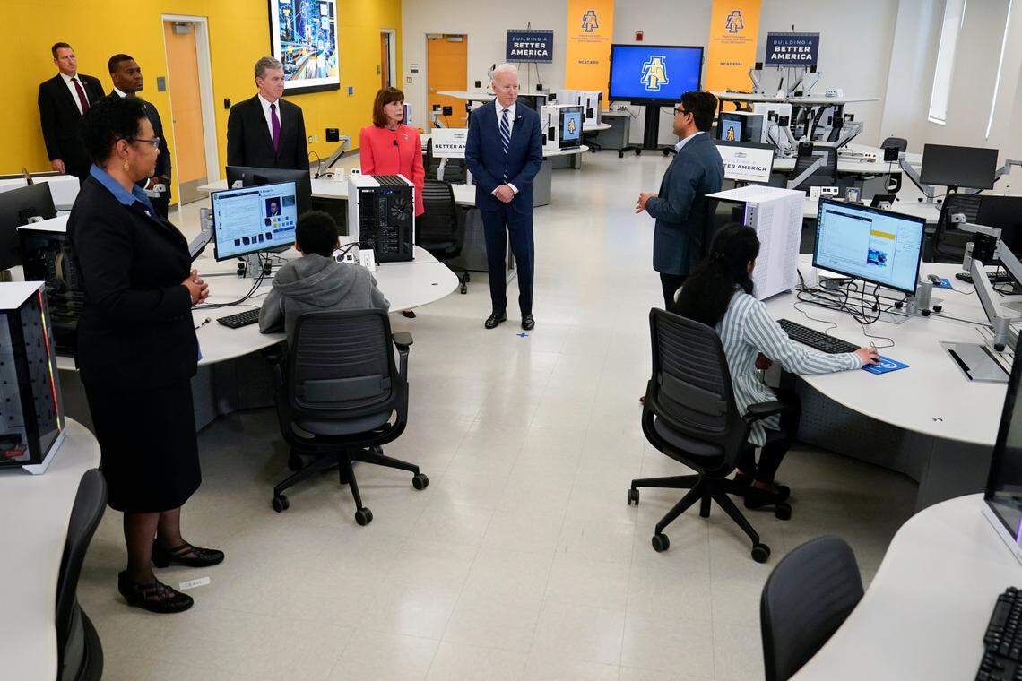 President Joe Biden listens during a tour at North Carolina Agricultural and Technical State University, in Greensboro, N.C., Thursday, April 14, 2022.