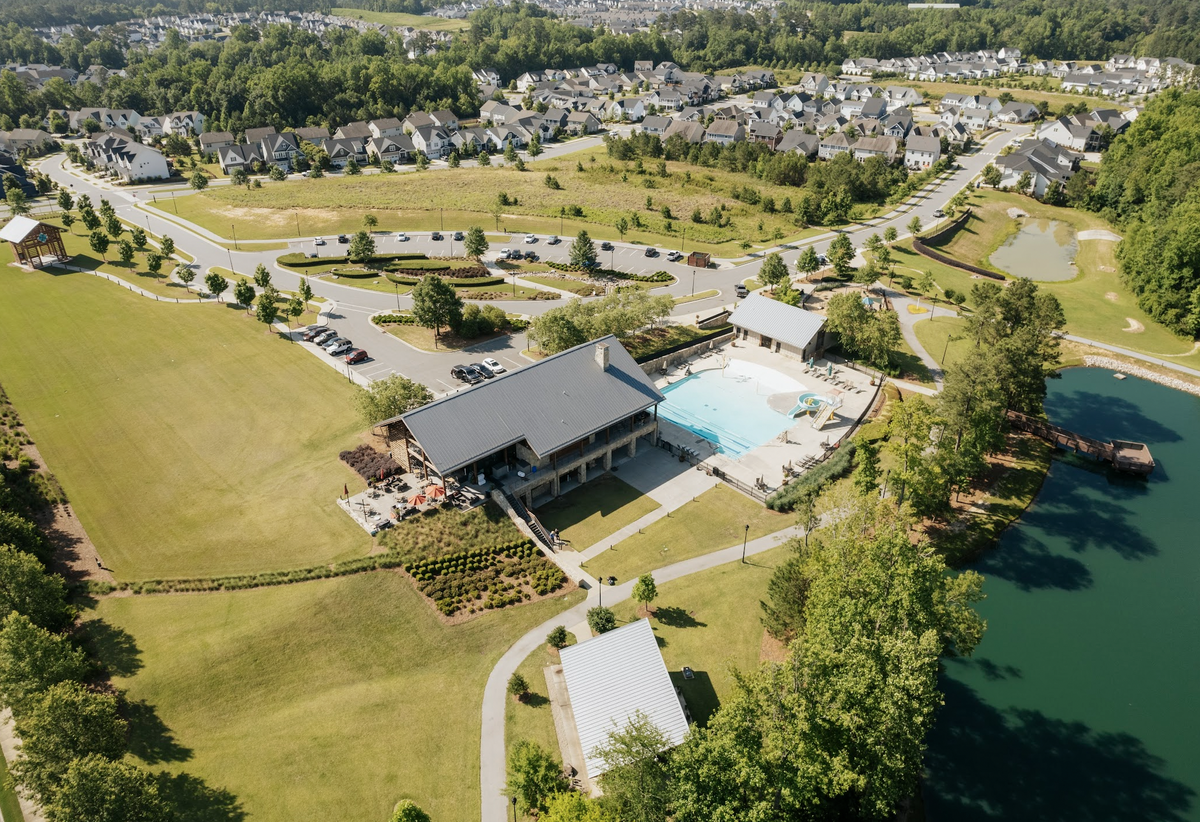 An aerial photo of Wendell Falls’ parks and playgrounds, pools and waterparks.