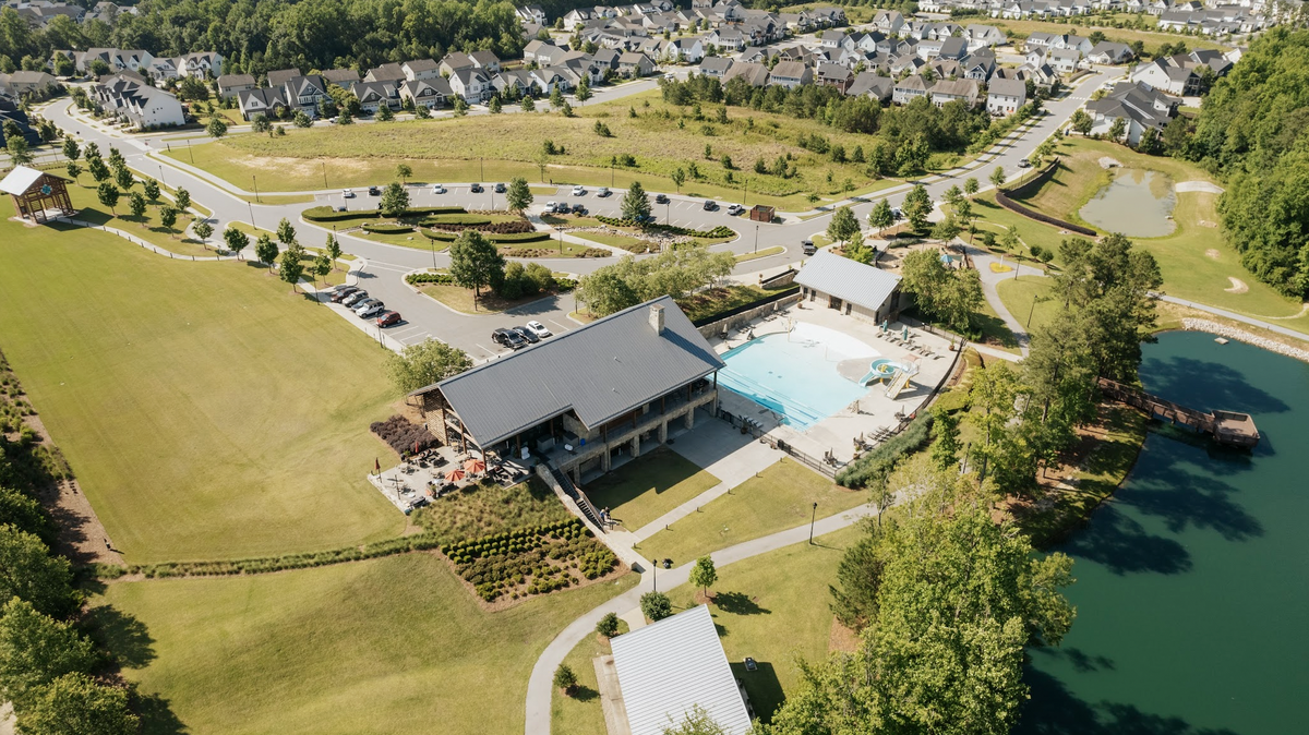 An aerial photo of Wendell Falls parks, playgrounds, pools and water parks.