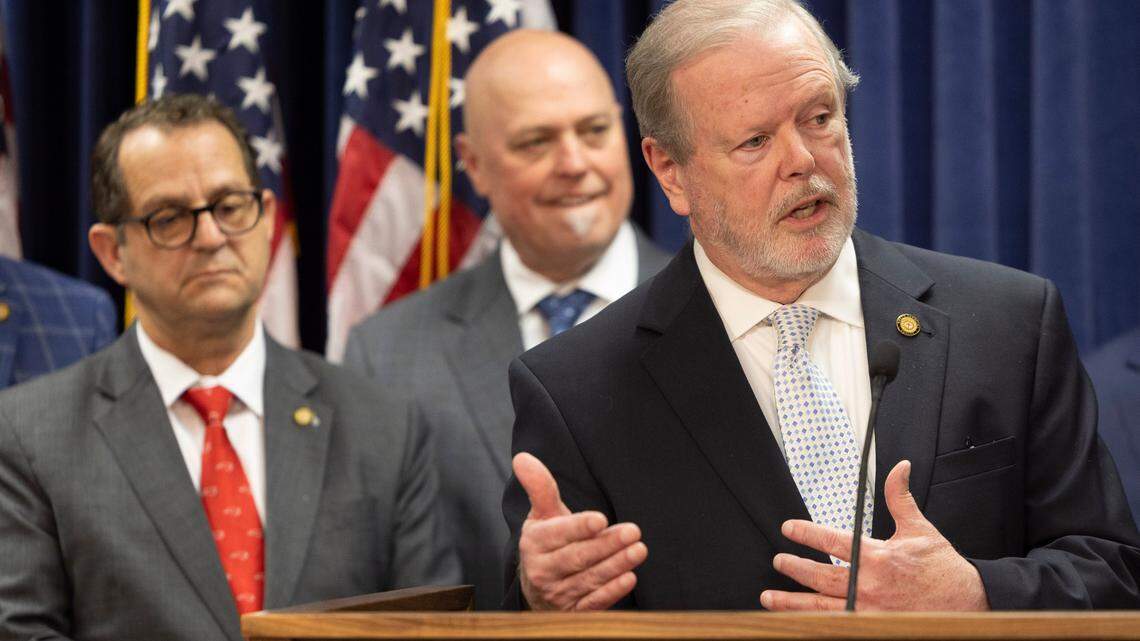 North Carolina Senate leader Phil Berger, flanked by Republican leaders, fields questions about the proposed budget during a press briefing on Monday, April 14, 2025 in at the North Carolina General Assembly in Raleigh, N.C.