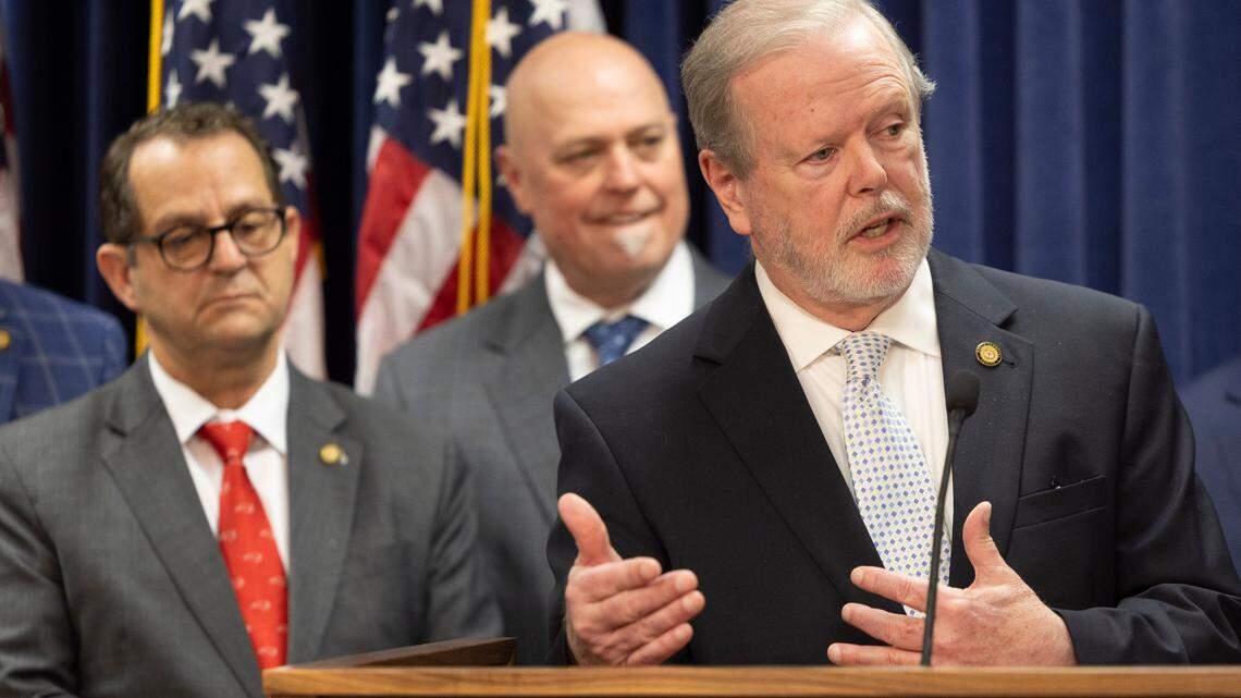 North Carolina Senate leader Phil Berger, flanked by Republican leaders, fields questions about the proposed budget during a press briefing on Monday, April 14, 2025 in at the North Carolina General Assembly in Raleigh, N.C.