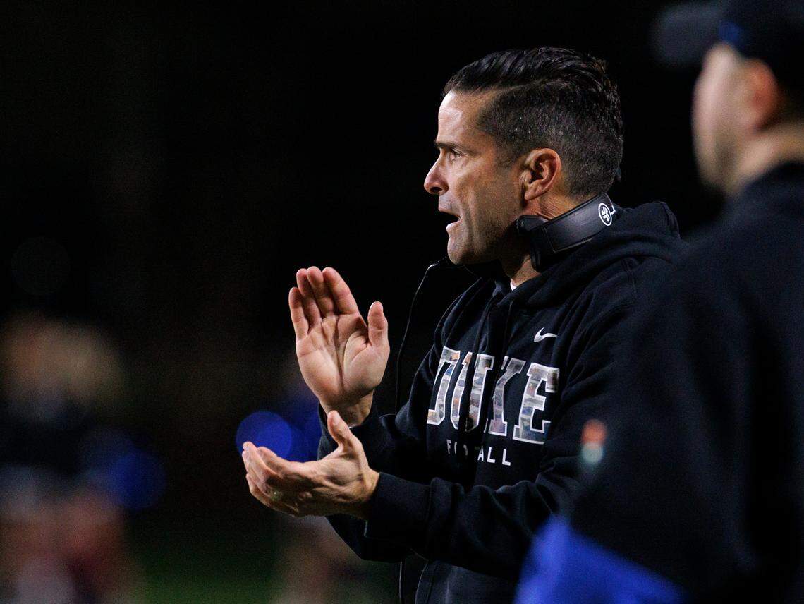 Duke head coach Manny Diaz gives instructions from the sidelines during the first half of the Blue Devils’ 23-16 win over Florida State on Friday, Oct. 18, 2024, at Wallace Wade Stadium in Durham, N.C.