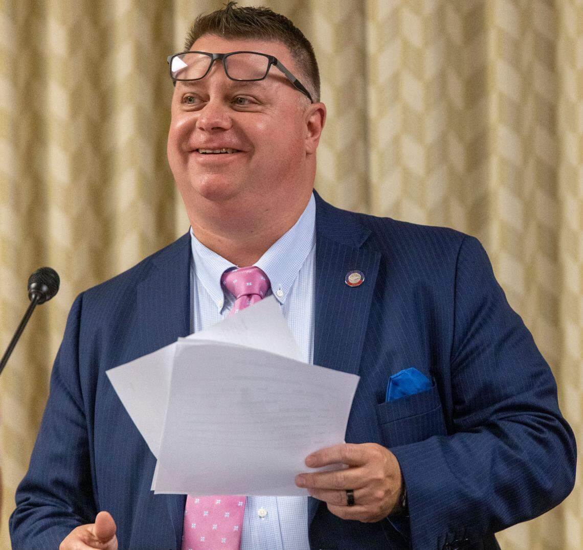 Rep. Jason Saine, pictured here in a 2022 file photo of a legislative committee, is a head House budget writer and Lincolnton Republican.