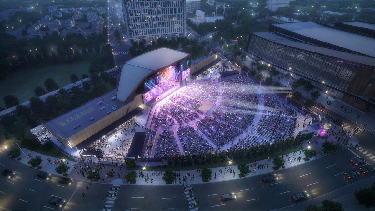 A rendering of what the Red Hat Amphitheater relocation will look like in Downtown Raleigh.