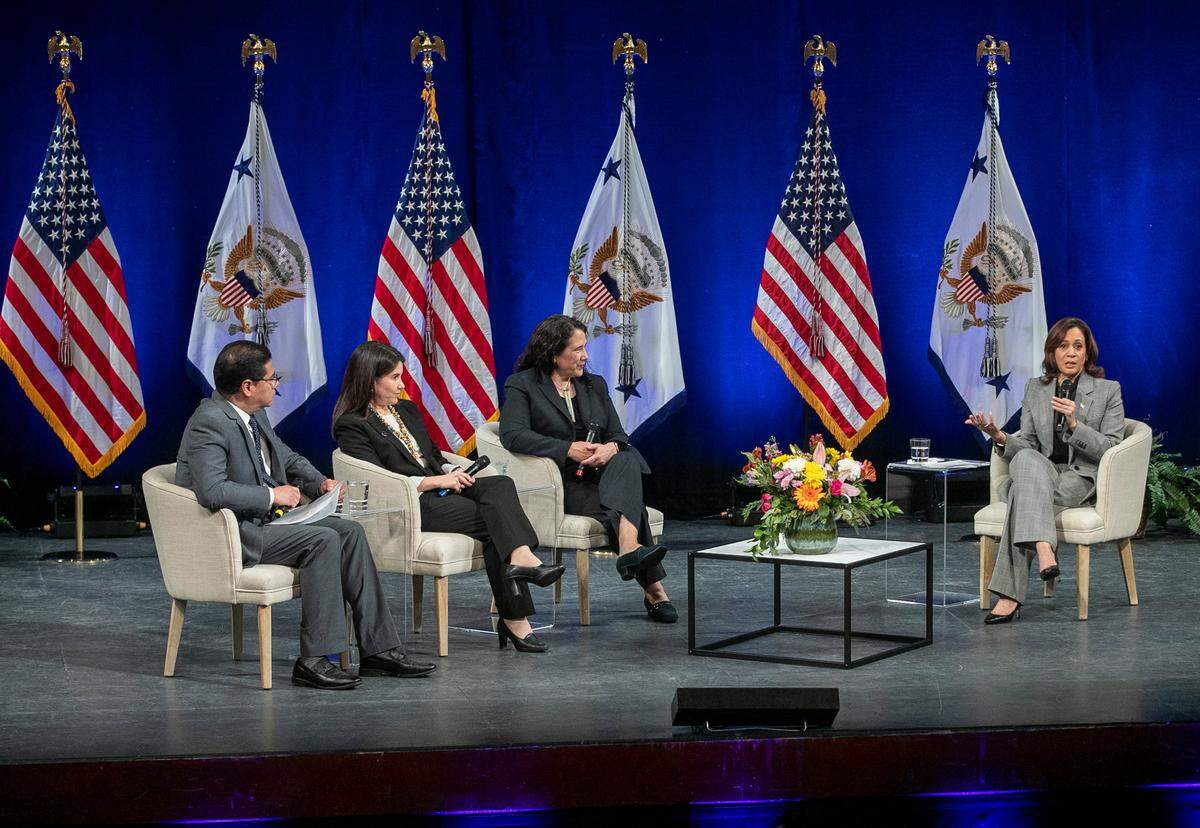Vice President Kamala Harris speaks during a discussion on Community Development and Small Businesses in the Fletcher Theatre at the Duke Energy Performing Arts Center on Monday, January 30, 2023 in Raleigh, N.C.