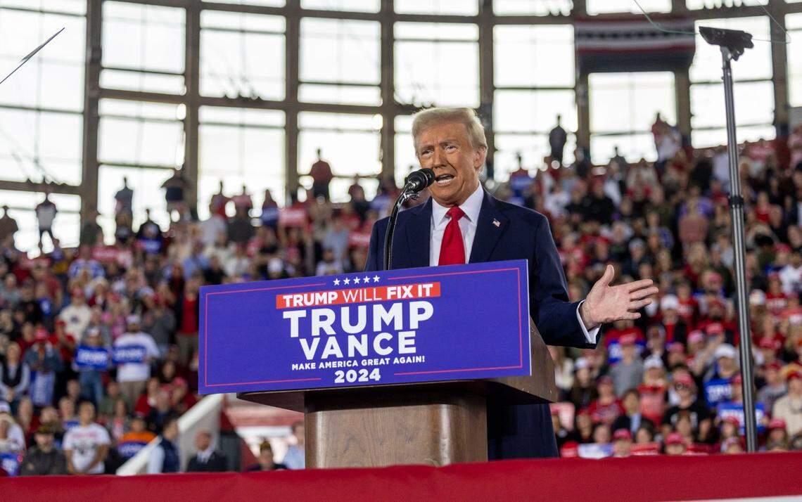 Republican presidential nominee and former President Donald Trump speaks during a rally at Dorton Arena in Raleigh on Monday, Nov. 4, 2024, one day before Election Day.