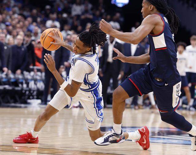 Duke’s Isaiah Evans (3) loses control of the ball during the second half of UConn’s 73-72 victory over Duke in the NCAA Men’s Tournament East Regional Final at Capital One Arena in Washington, D.C., Sunday, March 29, 2026.