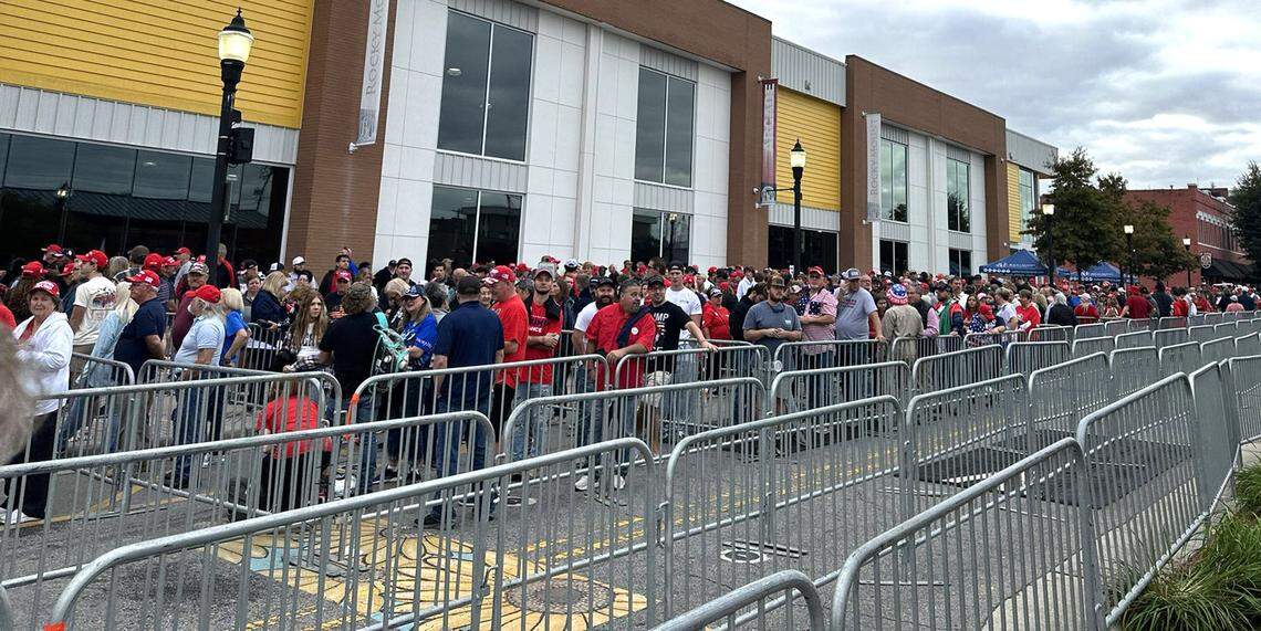 Crowds line up to see former President Donald Trump at the Rocky Mount Event Center in Rocky Mount, N.C., Wednesday, Oct. 30, 2024.