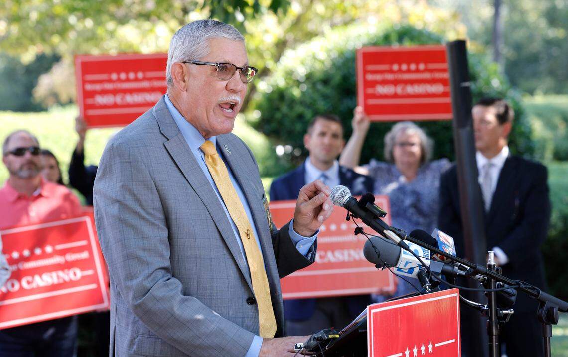 Rockingham County Sheriff Sam Page speaks during a press conference outside the N.C. Legislative Building Tuesday, Sept. 5, 2023. A group of local residents from Rockingham and Nash counties, two of the four counties that could host new casinos under a Republican proposal, spoke out against the plan.