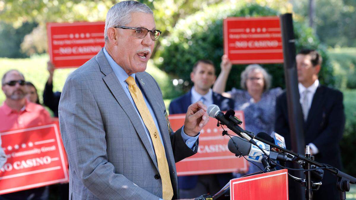Rockingham County Sheriff Sam Page speaks during a press conference outside the N.C. Legislative building Tuesday, Sept. 5, 2023. A group of local residents from Rockingham and Nash counties, two of the four counties that could host new casinos if the Republican proposal advances this session, spoke out against the plan during a press conference outside the Legislative Building, just hours before the House Republican Caucus planned to meet to discuss the idea.