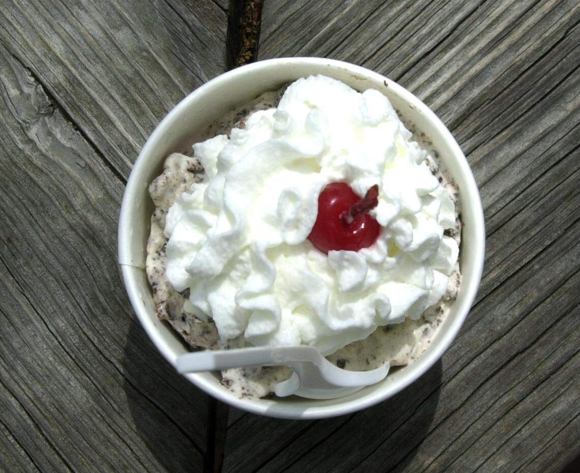 A Goodberry’s vanilla custard with chocolate chip concrete mix with whipped cream and a cherry. Mmmm, good. Staff photo