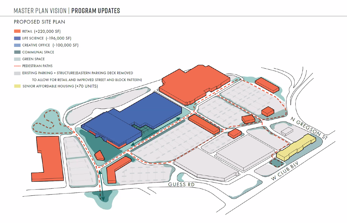 A color-coded map of the plans for redevelopment of Northgate Mall in Durham was shared in a virtual meeting on Wednesday, May 29, 2024.