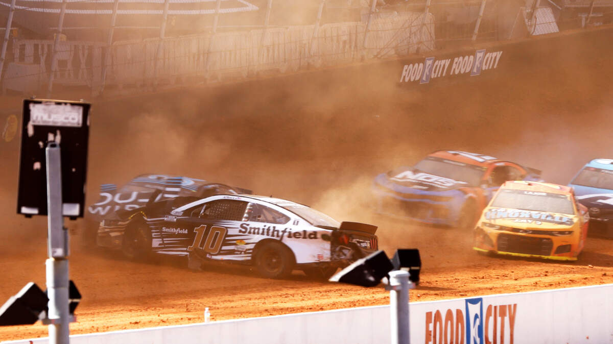 Driver Aric Almirola (10) collides with Anthony Alfredo (38) during the NASCAR Cup Series race in Bristol, Tenn., last year.
