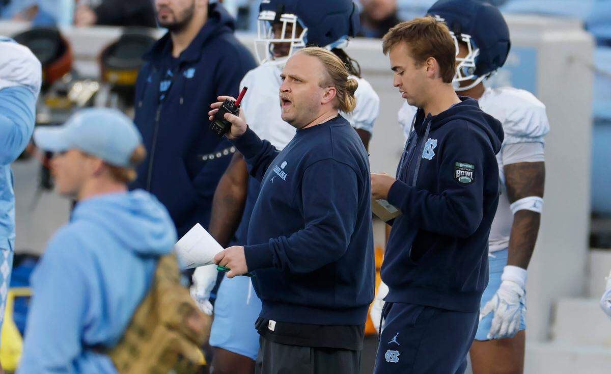 North Carolina defensive coordinator Steve Belichick, center, watches during UNC football’s Practice Like a Pro open practice at Kenan Stadium in Chapel Hill, N.C., Saturday, April 12, 2025.