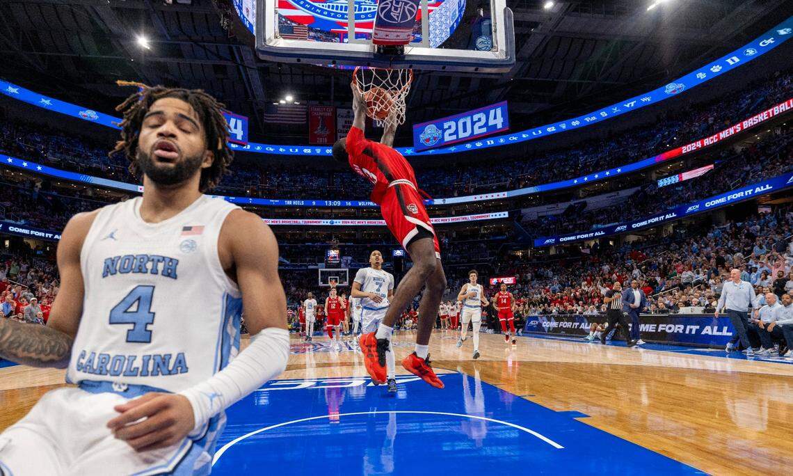 N.C. State’s Mohamed Diarra (23) dunks ahead of North Carolina’s Seth Trimble (7) in the first half during the ACC Men’s Basketball Tournament Championship at Capitol One Arena on Saturday, March 16, 2024 in Washington, D.C.
