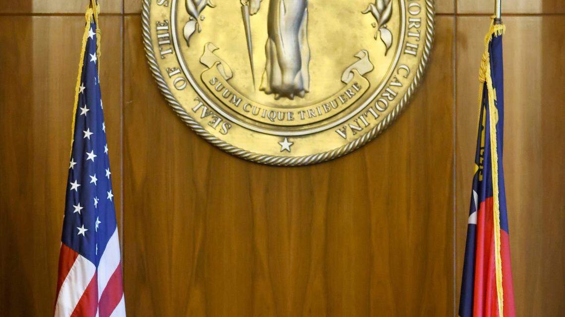 The seal of the Supreme Court of North Carolina is seen in their courtroom at the Justice Building in Raleigh, N.C., Monday, May 9, 2022.