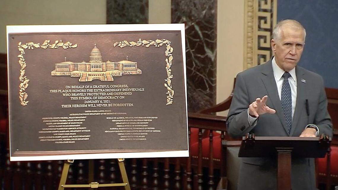 N.C. Republican Sen. Thom Tillis pushed in a Senate floor speech Tuesday, Jan. 6, 2025, to hang a plaque honoring Jan. 6 law enforcement. Tillis called Jan. 6, 2021, the worst day of his Senate career.