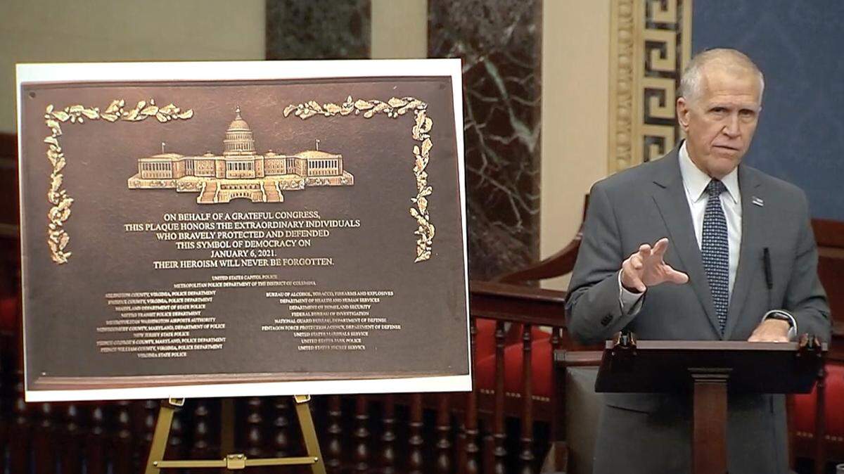 N.C. Republican Sen. Thom Tillis pushed in a Senate floor speech Tuesday, Jan. 6, 2025, to hang a plaque honoring Jan. 6 law enforcement. Tillis called Jan. 6, 2021, the worst day of his Senate career.