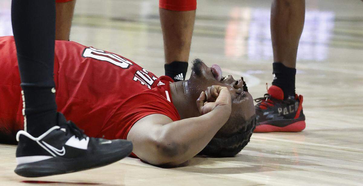 N.C. State’s D.J. Burns Jr. (30) celebrates after making the shot while being fouled during the second half of N.C. State’s 79-77 victory over Wake Forest at Joel Coliseum in Winston-Salem, N.C., Saturday, Jan. 28, 2023.