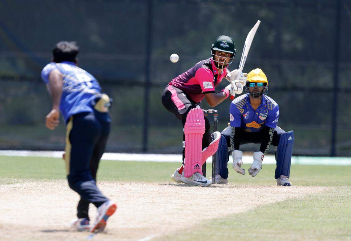 Morrisvilles opening batsman Ruvindu Gunasekaran prepares to hit the ball during a match between the Morrisville Cardinals and the Atlanta Param Veers during the inaugural Toyota Minor League Cricket Championship at Church Street Park in Morrisville, N.C., Sunday, August 8, 2021.