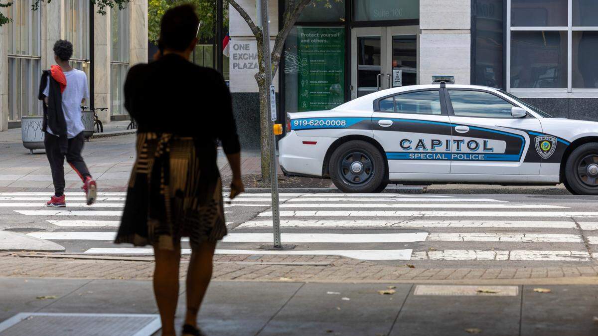 The City of Raleigh has stepped up the police presence and the use of private security like this Capitol Special Police vehicle parked along S. Wilmington Street near the entrance to the GoRaleigh Station on Thursday, September 28, 2023 in Raleigh, N.C.