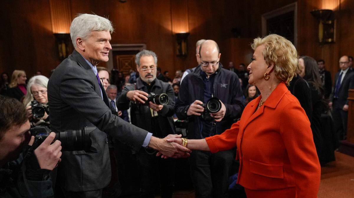 Senator Bill Cassidy (R-LA), chair of the Senate Health, Education, Labor, and Pensions (HELP) Committee, greeting Linda McMahon, President Donald Trump's nominee for Secretary of Education, before she would testify in a confirmation hearing before the Senate Committee on Health, Education, Labor and Pensions on Feb. 13, 2025, in Washington. McMahon served as head of the U.S. Small Business Administration during Donald Trump's first presidential administration and was CEO of World Wrestling Entertainment.
