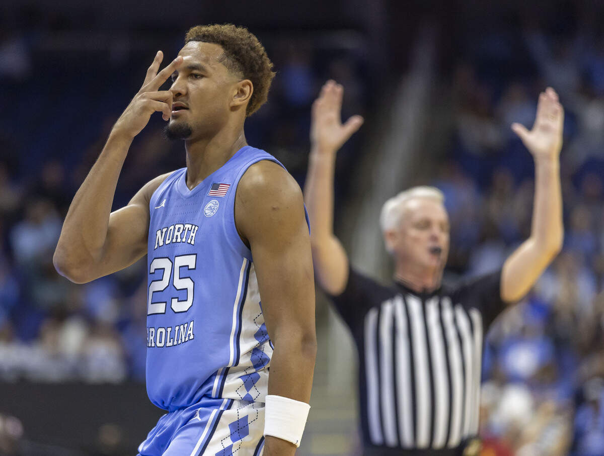 North Carolina forward Maximo Adams (25) reacts after sinking a three-point basket to give the Tar Heels a 14-point lead in the second half against Southern California on Friday, Oct. 9, 2026, at the First Horizon Coliseum in Greensboro, N.C.