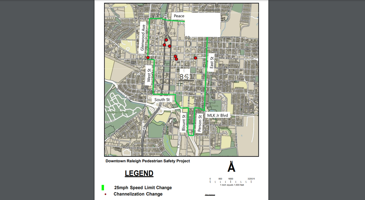 Speed limits within the green border in downtown Raleigh are being reduced to 25 mph.