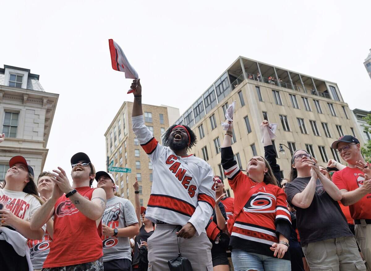 Carolina Hurricanes fans cheer during a rally honoring the team’s 2026 Stanley Cup victory on Saturday, June 20, 2026, in Raleigh, N.C.