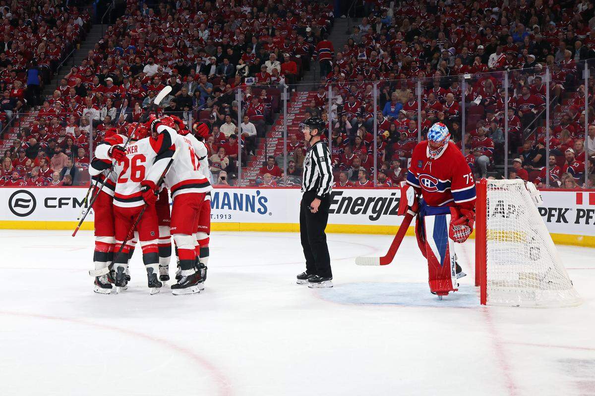 Jordan Staal #11 of the Carolina Hurricanes celebrates with teammates after scoring a goal against the Montreal Canadiens during the first period in Game Four of the Eastern Conference Final of the 2026 Stanley Cup Playoffs at Bell Centre on May 27, 2026 in Montreal, Quebec, Canada. 