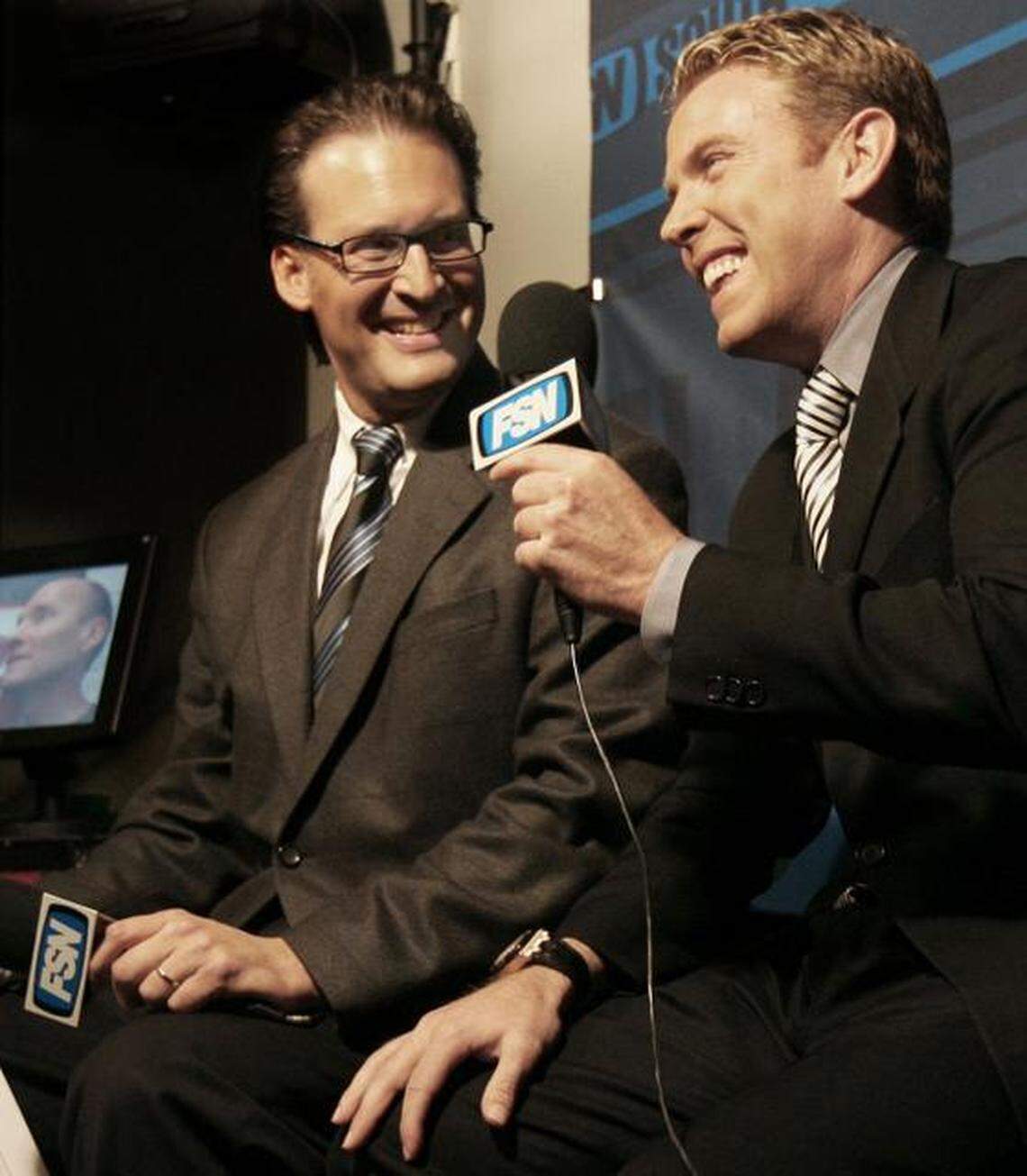 Play-by-play man John Forslund, left, with Tripp Tracy, is gaining recognition.