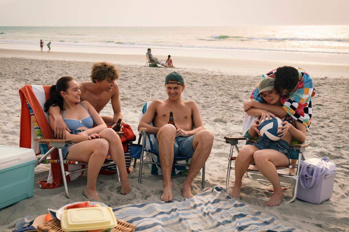 Belly (Lola Tung), Jeremiah (Gavin Casalegno), Conrad (Christopher Briney), Steven (Sean Kaufman), and Taylor (Rain Spencer) in “The Summer I Turned Pretty.”
