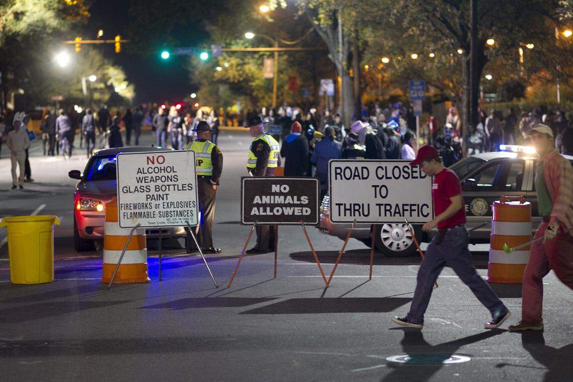 Police closed Franklin Street to traffic during the Homegrown Halloween celebration on October 31, 2012, in Chapel Hill, N.C.