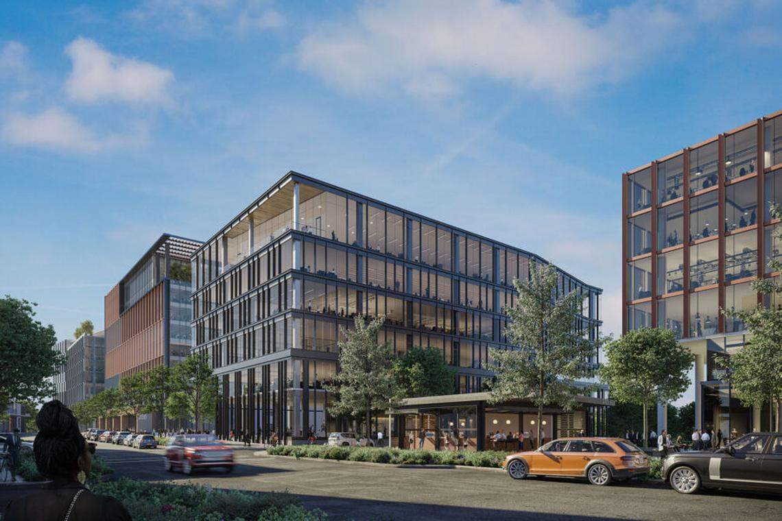 A rendering of the office buildings in the redeveloped Cary Towne Center named Carolina Yards and slated for completion in 2022.