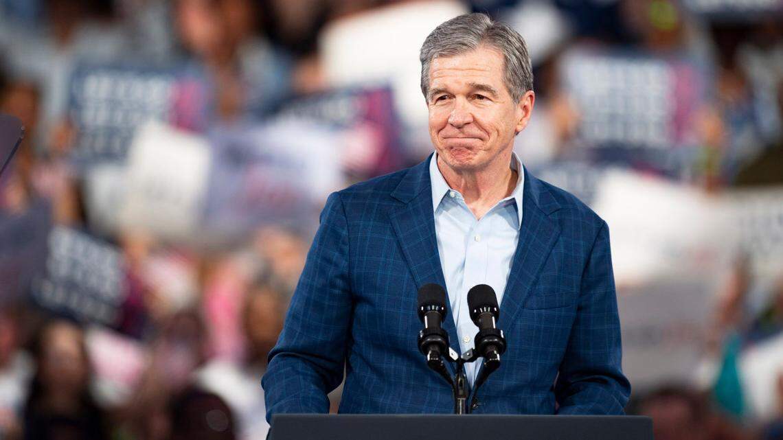 Gov. Roy Cooper speaks during a campaign event at the Jim Graham building at the North Carolina State Fairgrounds in Raleigh on Friday June 28, 2024.