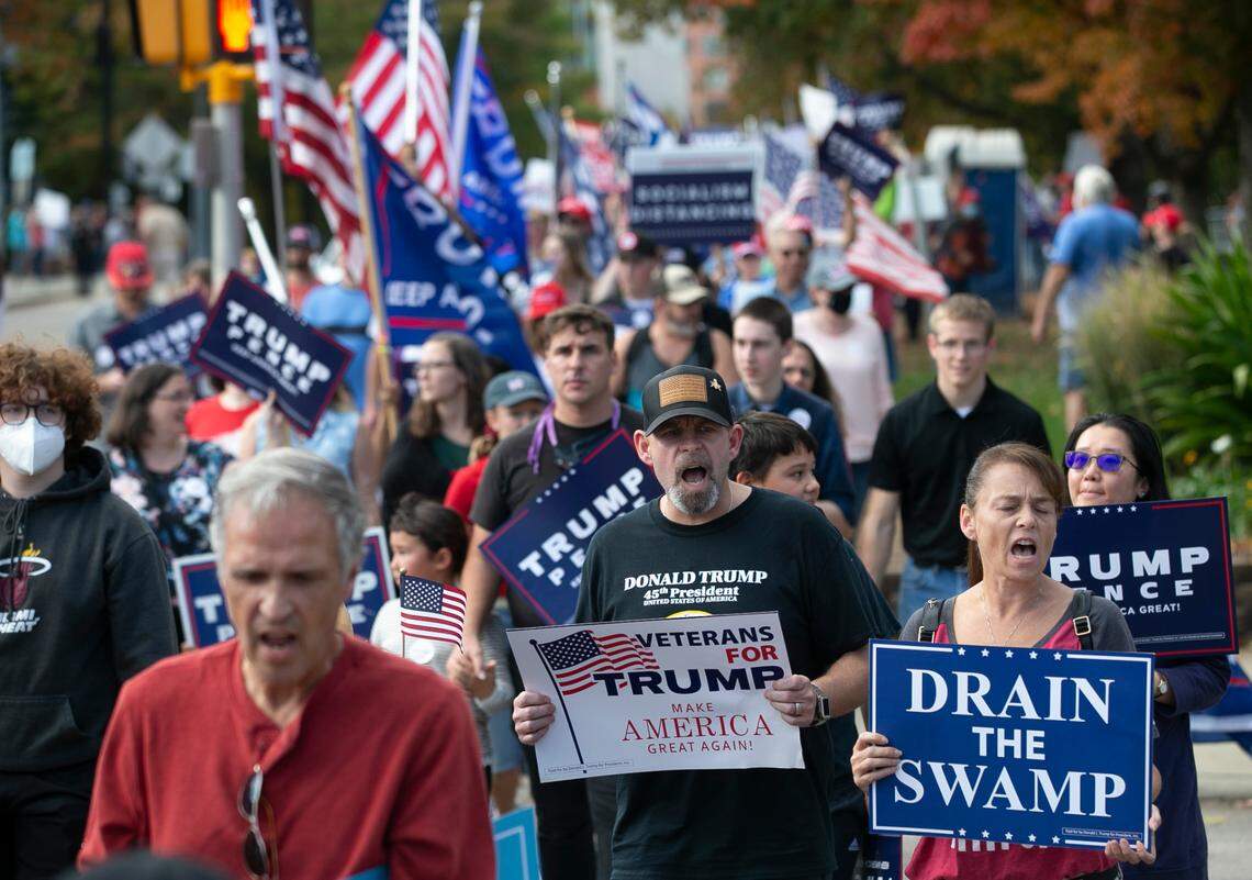 Hundreds of Trump supporters march along Jones Street from the Legislature to the Executive Mansion on Saturday, November 7, 2020 in Raleigh, N.C.