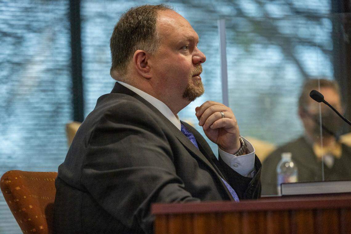 State Sen. Ralph Hise, a top Republican redistricting official, testifies during a partisan gerrymandering trial Wednesday, Jan. 5, 2022 at Campbell University School of Law in Raleigh, NC.