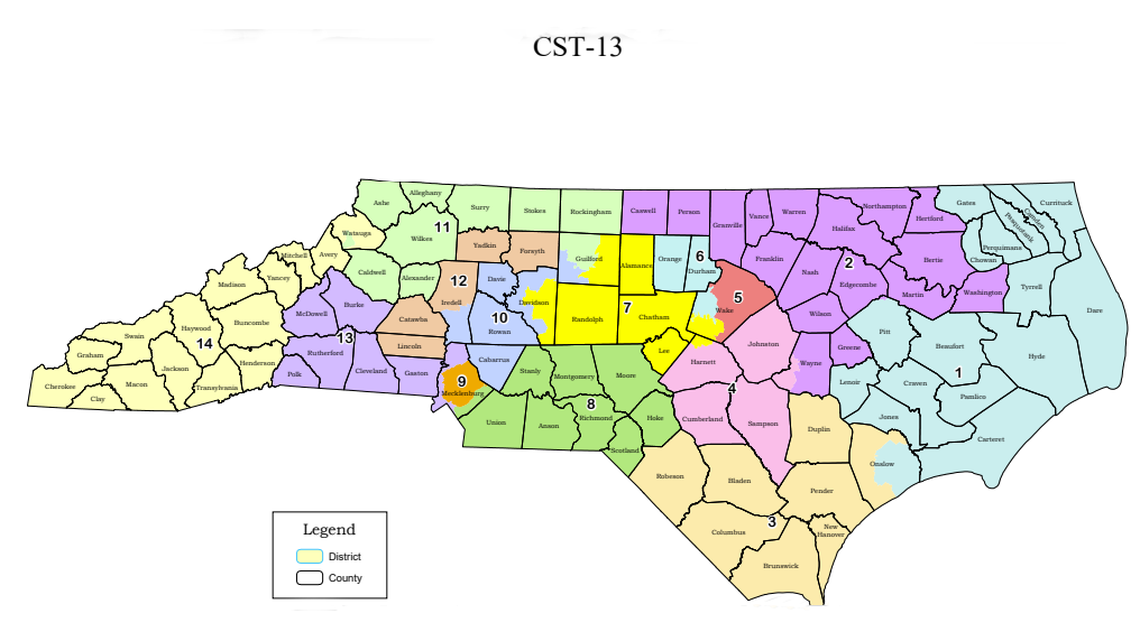The 2021 redistricting map for North Carolina’s 14 US House seats, as drawn and adopted by the N.C. General Assembly on Nov. 4, 2021.