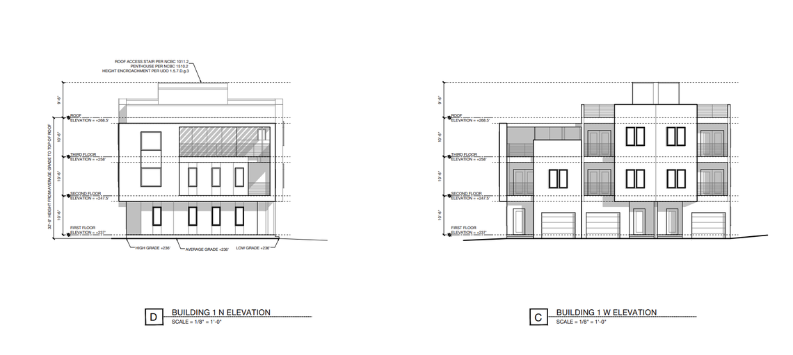 A rendering of the 12 townhouses that Steve Sypher Designs has proposed for 524 and 528 Barksdale Drive in the Woodcrest subdivision of east Raleigh.