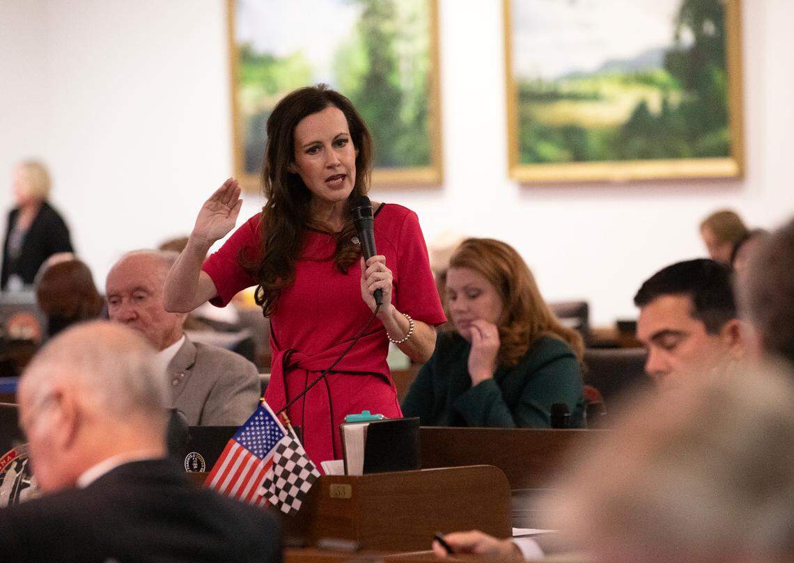Rep. Tricia Cotham speaks about funding for private school vouchers prior to a vote to override Gov. Roy Cooper’s veto of a budget bill in the House at the General Assembly in Raleigh on Tuesday, Nov. 19, 2024.