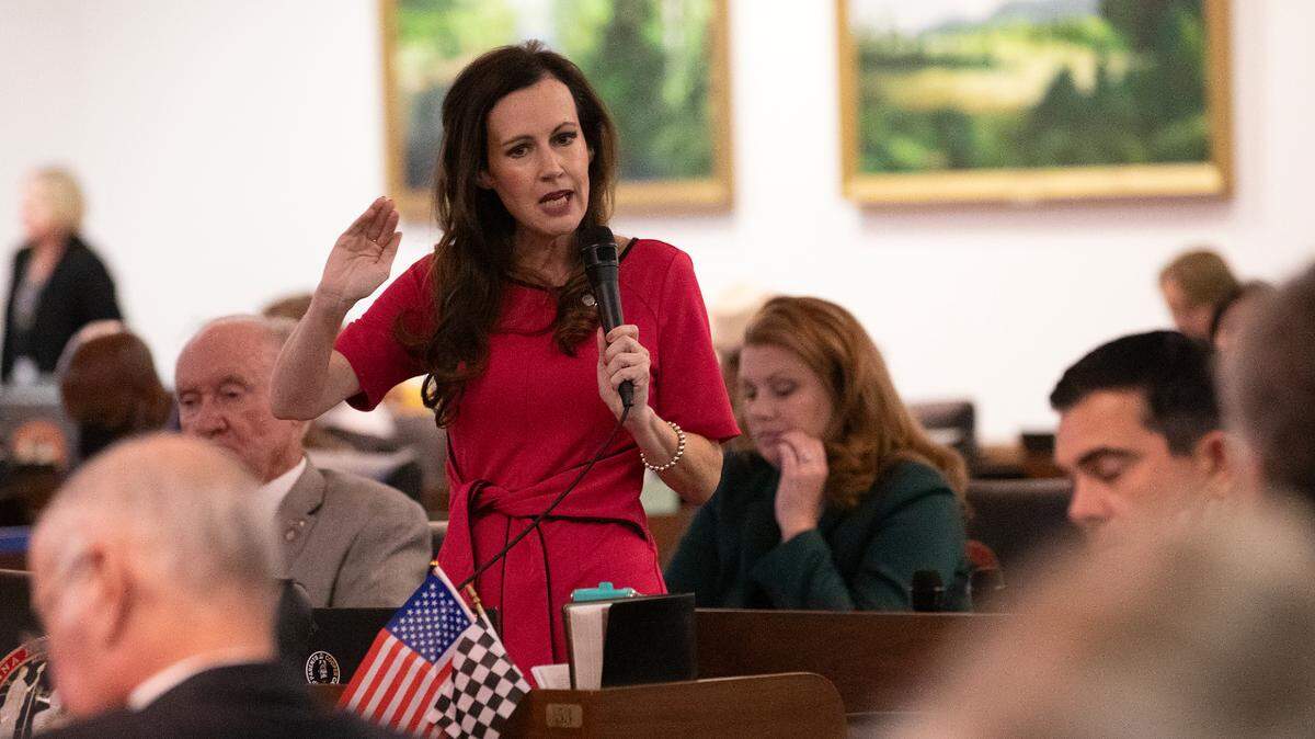 Rep. Tricia Cotham speaks about funding for private school vouchers prior to a vote to override Gov. Roy Cooper’s veto of a budget bill in the House at the General Assembly in Raleigh on Tuesday, Nov. 19, 2024.