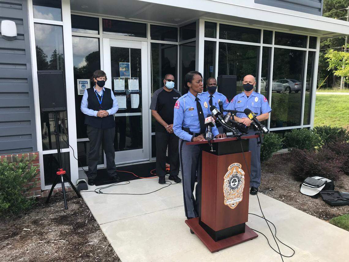 Raleigh Police Chief Estella Patterson announces a second suspect has been arrested in connection with the death of local volunteer and drum major Charlie Debnam, during a news conference at the department’s Southeast District headquarters on Monday, Aug. 16, 2021.
