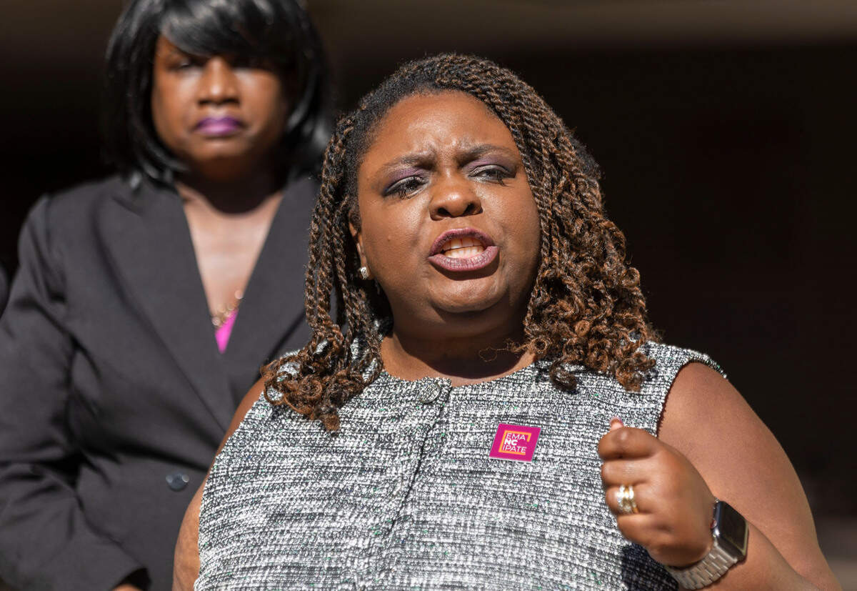Dawn Blagrove, Executive Director of Emancipate NC, discusses the demotion of Raleigh Police Officer D.C. Twiddy, during a press briefing at the Raleigh Municipal Building on Friday, October 25, 2024 in Raleigh, N.C. Officer Twiddy has faced a backlash from the community after making disparaging comments about the Juneteenth Holiday.
