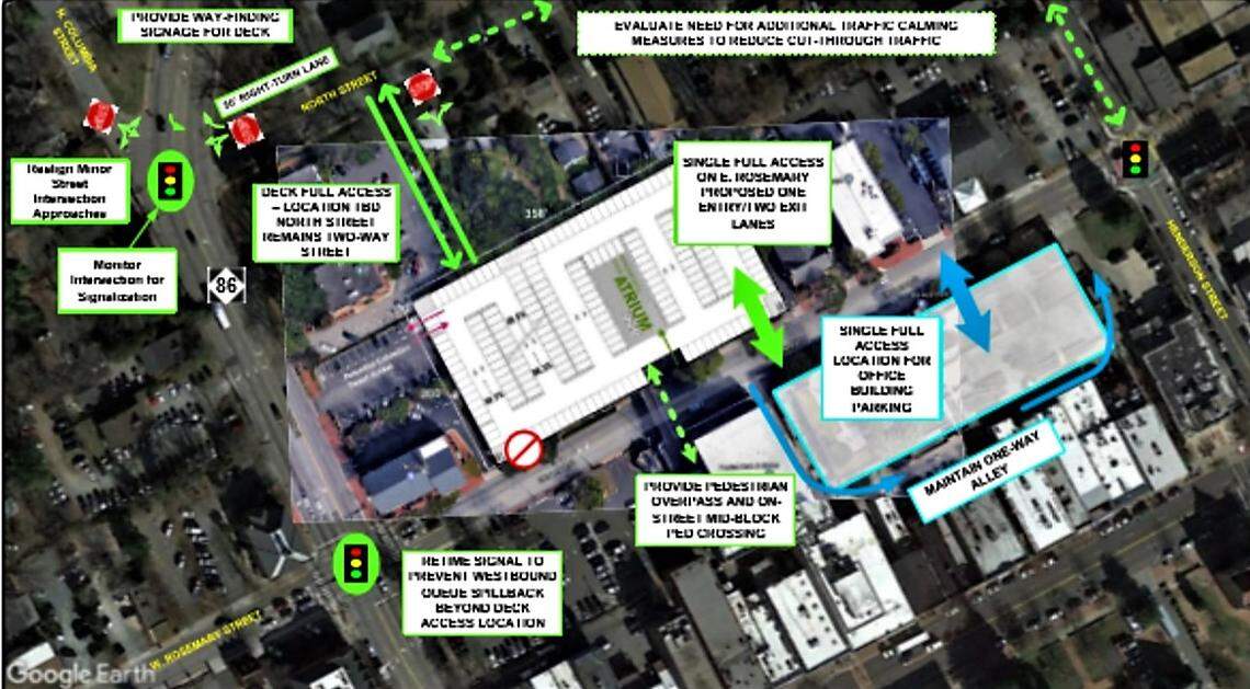 A traffic study recommended three driveways for Chapel Hill’s new parking garage -- on East Rosemary Street, North Street and North Columbia Street. The study also recommended a parking entrance for the new office building off an existing alley.