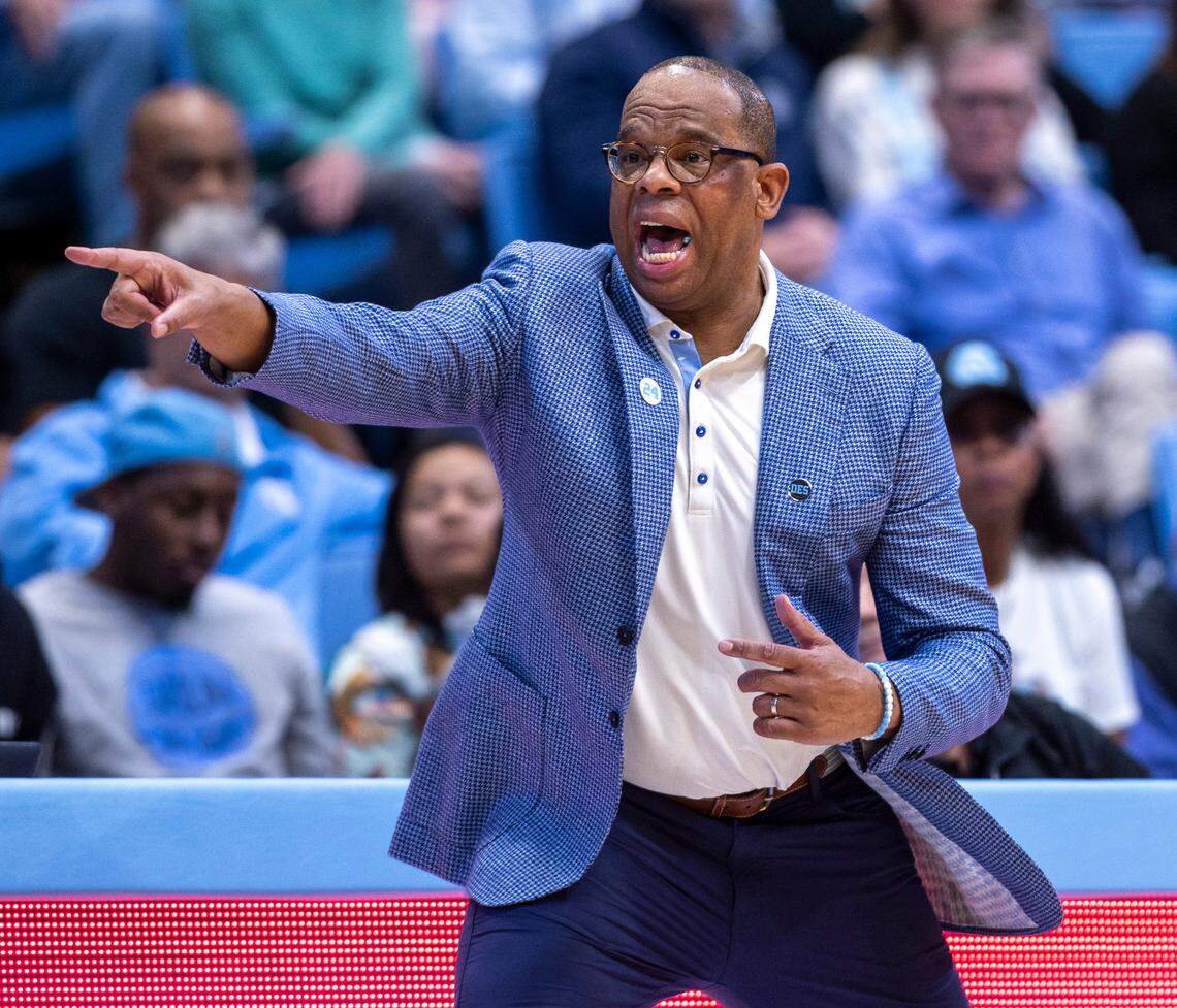 North Carolina coach Hubert Davis directs his team during the second half against Florida State on Saturday, December 2, 2023 at the Smith Center in Chapel Hill, N.C.